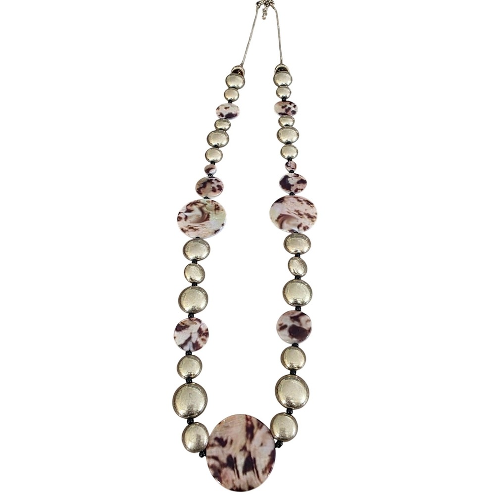 Tiger Shell Statement Necklace Gold Tone Round Disc and Bead Pendant Boho